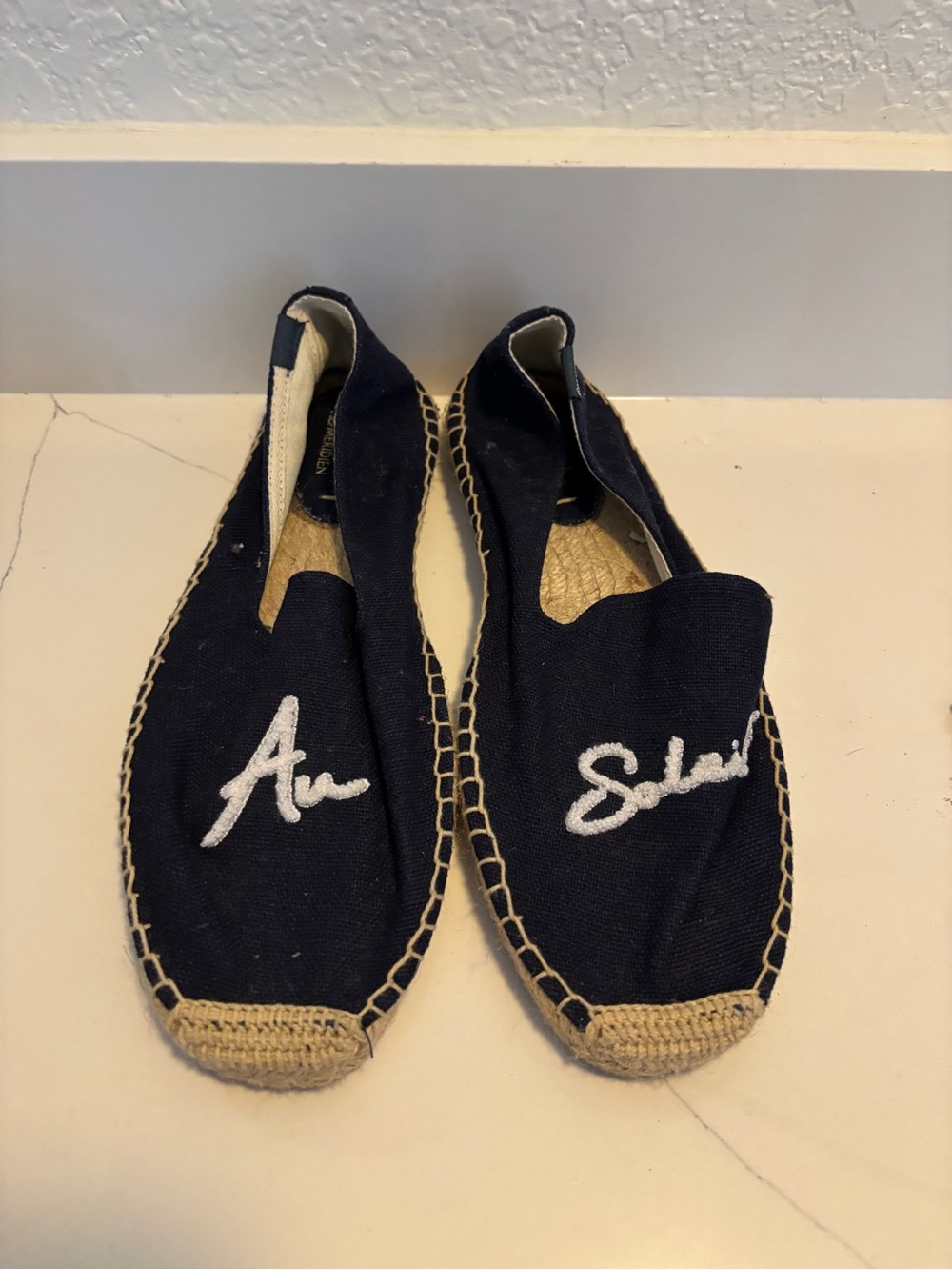Soludos Black Canvas Slip-On Espadrilles with White Signature